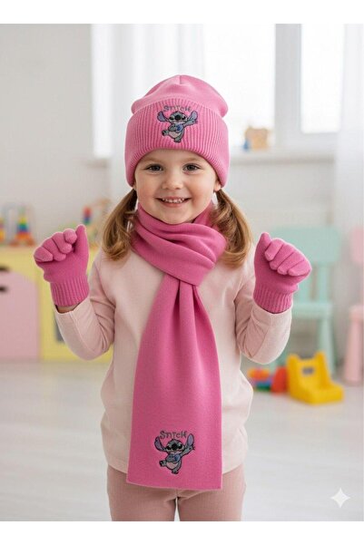 ARYA STYLE |Atkı|Bere|Eldiven| 3'lü Çocuk Set (StitchDesenli) 4-10Yaş