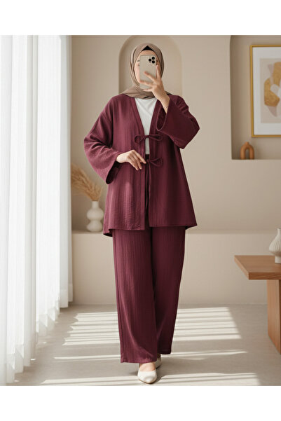 Modamorfo Önü Çift Bağcıklı Pantolonlu Krınkıl Takım -Bordo