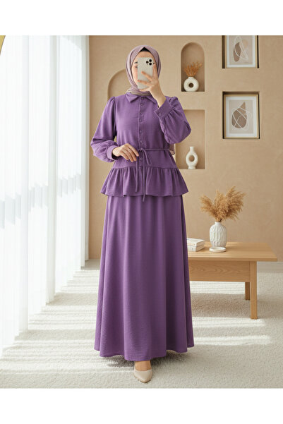 Modamorfo Parçalı Büzgülü Bluz Etekli Takım -Mor