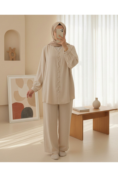 Modamorfo V Yaka Düğmeli Pantolonlu Ayrobin Takım -Bej