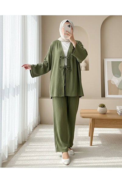 Modamorfo Σετ Crinkle με Παντελόνι με Διπλό Δαντέλα μπροστά - Χακί