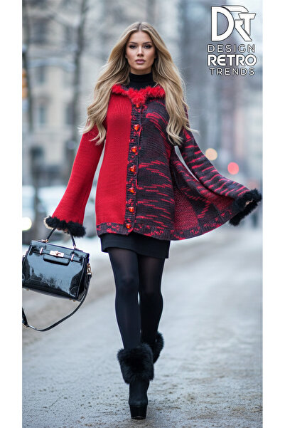 drt tasarım Hooded Red Midi Cardigan with Fur Detail and Stone Buttons