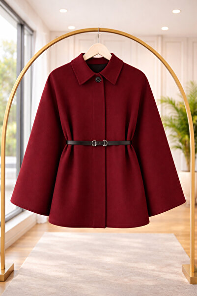 EKZMODA Modele elegante de poncho de iarnă cu curea pentru femei, burgundy