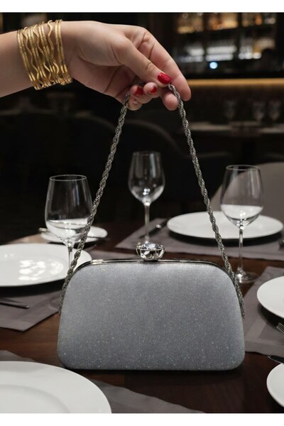 ÇANTAM GELSİN Women's Silver Crystal Large Stone Evening Dress Bag Special Oc...