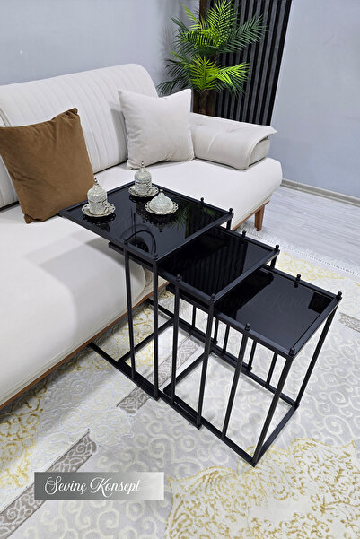 SEVİNÇ KONSEPT 3'lü SİYAH Tekerlekli C Sehpa, SİYAH CAM, Güvenilir 6 mm Kalın...