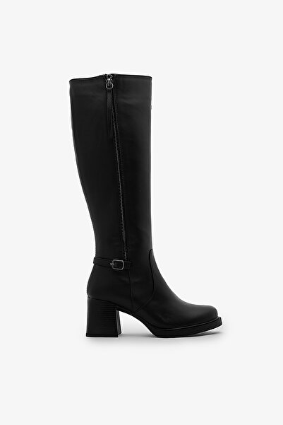 SAYL Cizme lungi pentru femei, din piele naturală neagră, cu fermoar Yandn