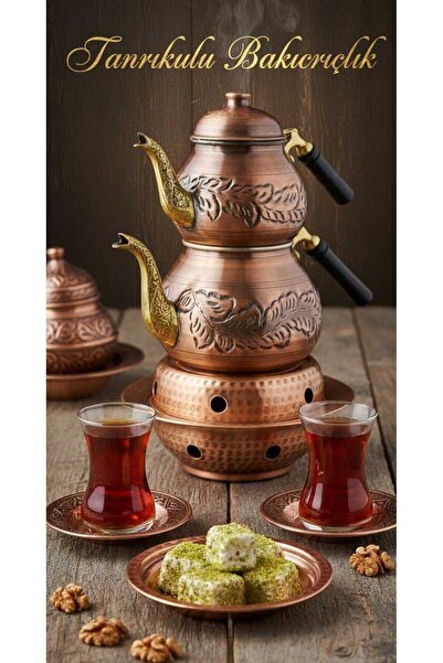 Tanrıkulu Bakırcılık Sarmaşık Desen Çaydanlık Seti No 2 Osmanlı Ocaklı Oksitli