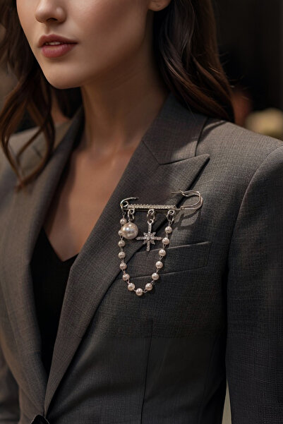 model aksesuar İskoç İğnesi Kar Tanesi İnci Sallantı Detaylı Broş