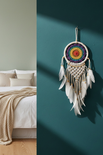 ORİJİNALDÜKKAN El Yapımı Rengarenk Desenli Ahşap Boncuklu Örgülü Makrome Ev Bohem Duvar Dekorasyonu Dream Catcher