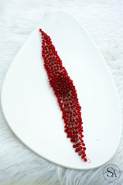 SimgeAksesuar Tamamen El Yapımı Bordo Kristal Taşlı Şık Ve Zarif Nişan Kına V...