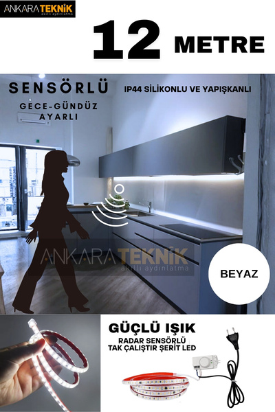 ankarateknik Hareket Sensörlü 220 Volt Silikonlu Beyaz Renk Şerit LED (120 Le...