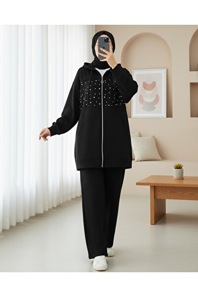 Modamorfo Hooded Zippered Front Pearl and Stone Detailed Oyhso Suit - Black