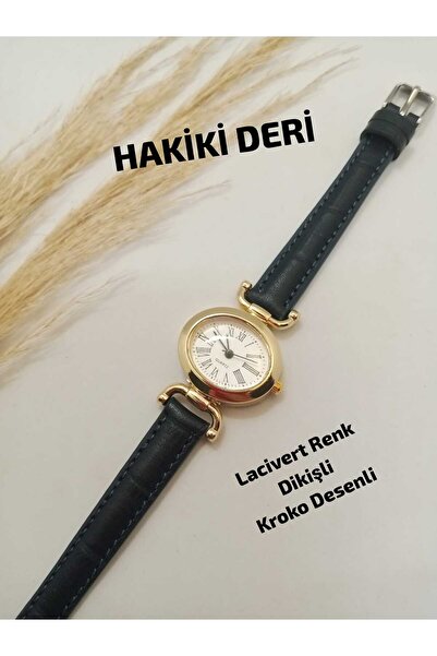 Brality Roman Numeral Women's Wristwatch – Gold Color Case & Navy Blue Crocod...