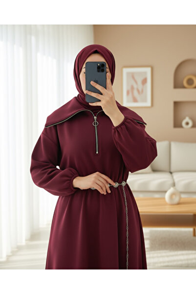 Modamorfo فستان سكوبا بخصر مطاطي وسحاب نصفي - لون بورجوندي