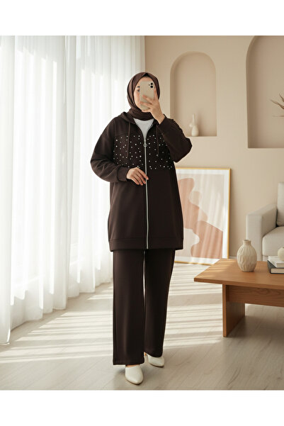 Modamorfo Hooded Zippered Front Pearl and Stone Detailed Oyhso Suit - Brown