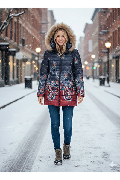 trendbysena KADIN İÇİ ELYAF DOLGULU ETNİK DESENLİ MONT