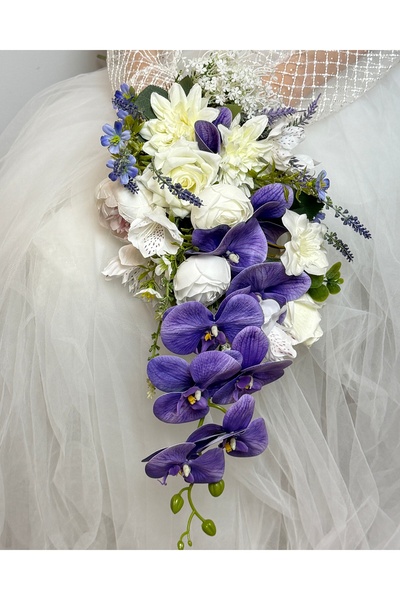 DUGİNA Şelale Gelin Buketi Lüks Mor Orkide Beyaz Gül Şakayık Kır Çiçekler Niş...