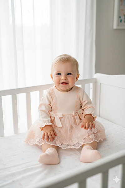 Miniday Baby Kız Bebek Mevlütlük Elbise Dantelli Bandanalı ELB1071