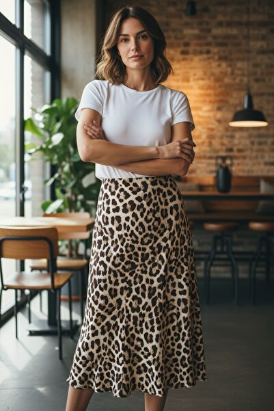 S.Y Collection تنورة متوسطة الطول من الساتان بنقشة الفهد