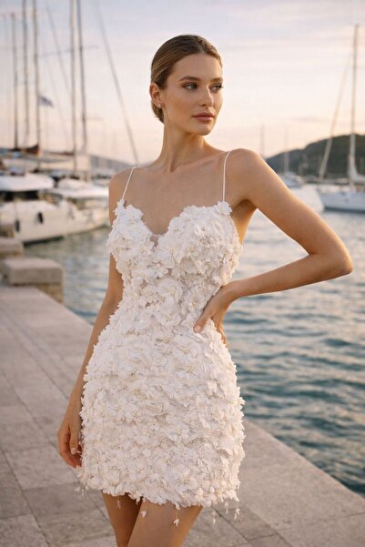 VİONELLA Rosaline 3D Çiçek Dantelli After Party Mini Gelinlik