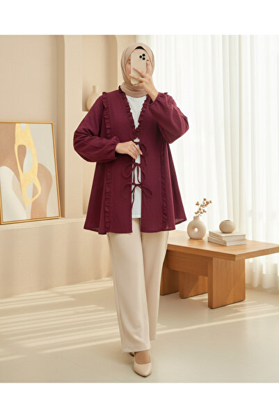 Modamorfo قميص كتان برباط مع كشكش على الجبهة والأكمام - أحمر كلاريت