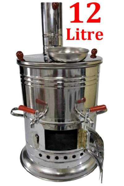 sobapark 12 Litre Paslanmaz Metal Odunlu Kömürlü Çay Semaveri Büyük Çift Musluklu Odunlu Kömürlü Semaver 12 L