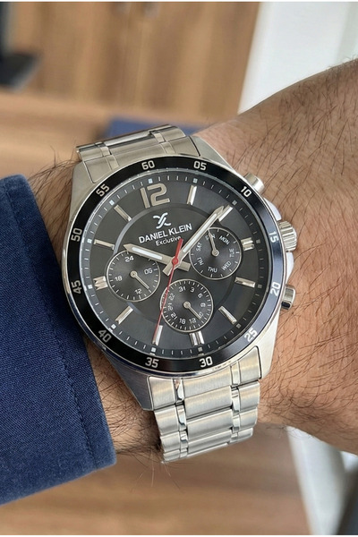 Daniel Klein Erkek Gümüş Siyah Şık Metal Kordon 5 Atm Su Geçirmez - Gün, Takv...