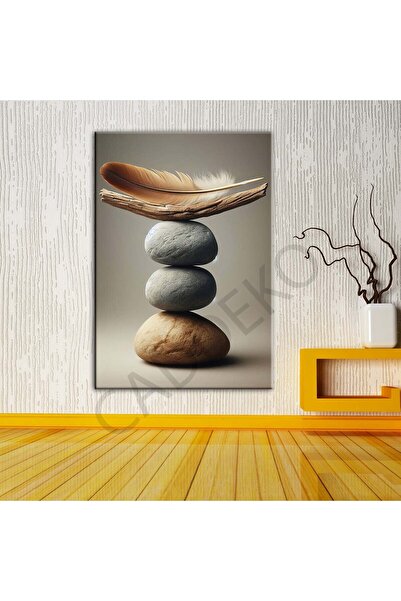 caddeko Taş Tüy Ve Denge Kanvas Tablo Modern Estetik Zen Meditasyon Duvar Dek...