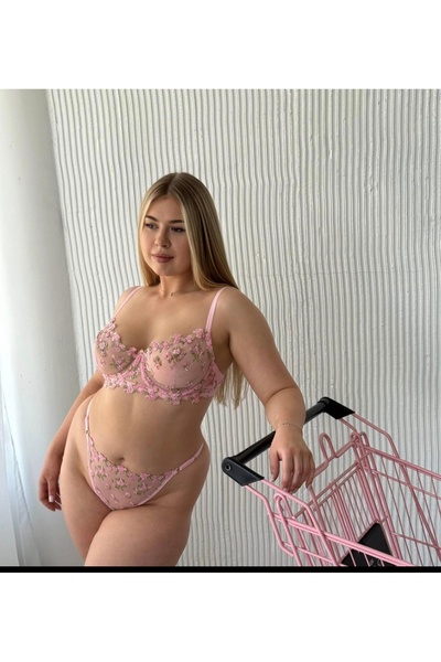 NoxAura Pembe Çiçek Desenli C Cup Büyük Beden Dantel Sütyen Takımı