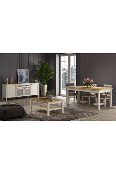 Sakura Ahşap Hunerika MİSTO SET 1 konsol-160 cm (açılınca 180) açılır yemek masası-orta sehpası takım -krem/legna