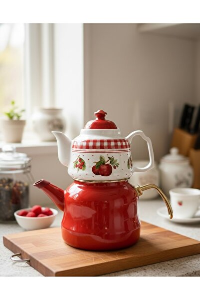 EmayeBurada Emaye Desenli Çaydanlık Porselen Demlikli Büyük Boy