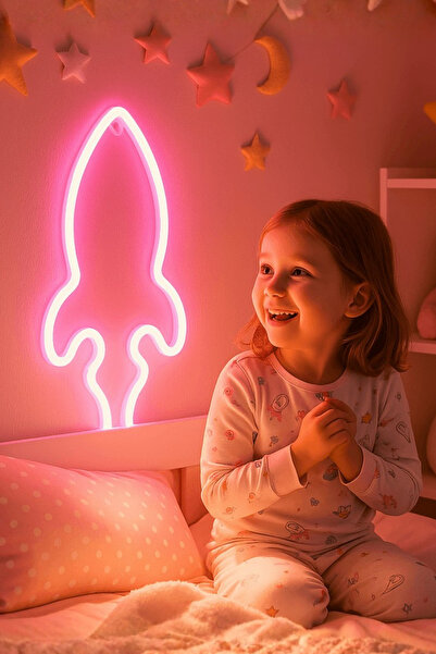 ORİJİNALDÜKKAN Neon Renkli Pembe Roket Pilli Ve Usbli Çocuk Odası Duvar Gece Lambası