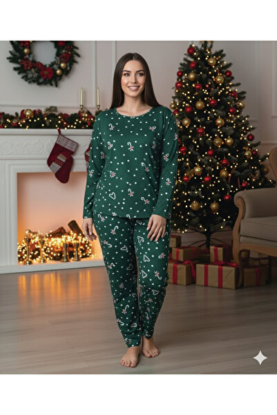 trendmodaal Green Christmas-Themed Suede Women's Pajama Set