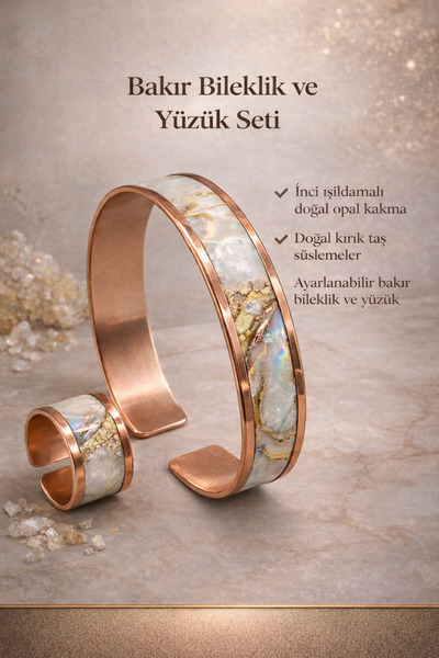 İyyaKee Kadın Bakır Bileklik Yüzük Set Güneş Işığı Model Ayarlanabilir Kelepçe Bilezik