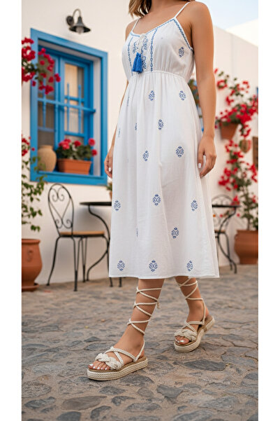 moun shoes KADIN BEYAZ ÖRGÜLÜ DOLAMALI SANDALET