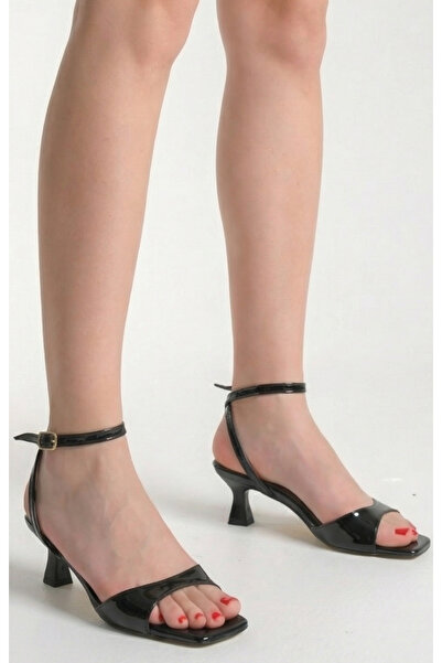 Long Star Sandale negre cu toc mic pentru femei – Piele sintetică, toc subțir...