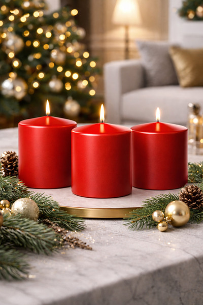 homeartplus 3 lü yılbaşı Kırmızı Renk Silindir mum seti 5x8 cm