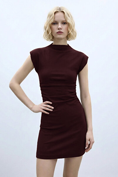 VODENS Bordo Vücüda Oturan Büzgülü %100 Pamuk Elbise