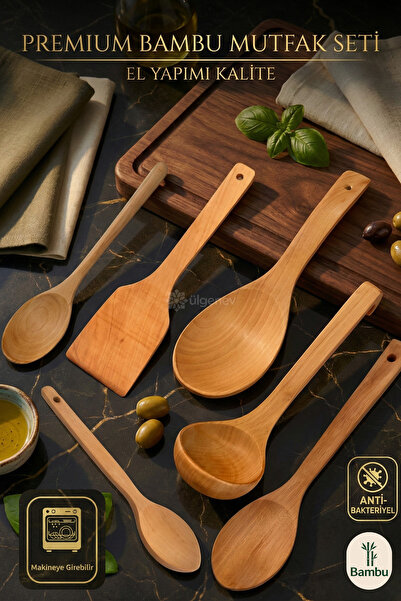 Ülgenev 6'lı Vernikli Bambu & Kayın Mutfak Seti - Spatula, Küçük, Orta, Büyük Kaşık, Pilav Kaşığı, Kepçe