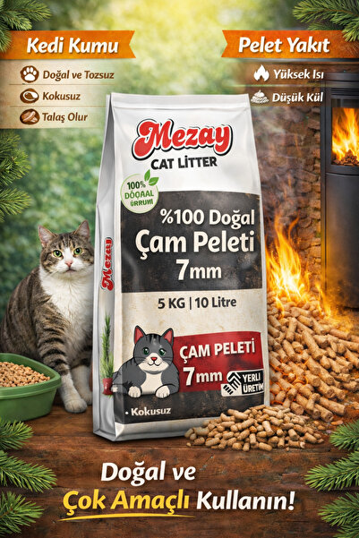 mezay %100 Doğal Çam Peleti Kedi Kumu 7 mm 10 Lt 5 Kg (Yakıt Olarak Kullanılır)
