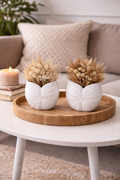 R ROZELLA 2 Adet El Yapımı Beyaz Taş Tozu Dekoratif Vazo – Modern Yaprak Tasa...