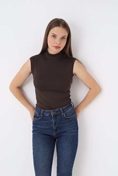 SIR İç Giyim بودي نسائي بدون أكمام بياقة عالية بلون بني مرير