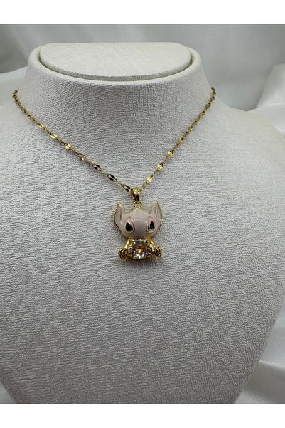 beus Zirkon Taşlı Mineli Mavi Karakter Figürlü Kolye 316L Paslanmaz Çelik Gold 40+6 cm - Kadın