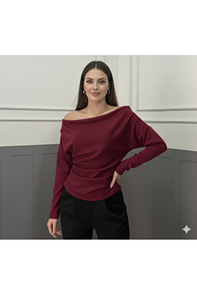 peri tower منتج جديد بلوزة بأكمام طويلة من قماش الكريب المحبوك بتفاصيل متدلية/مجعدة وياقة منسدلة 0031