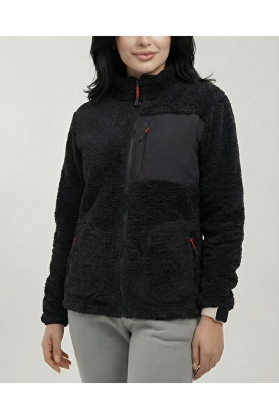 Veleno Kadın Siyah Kuzu Welsoft Yünlü Peluş Kürklü Polar Ceket Tam Fermuarlı 3 Cepli