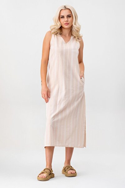 Bold & Young Дамска рокля без ръкави с джобове, на райета, бежова