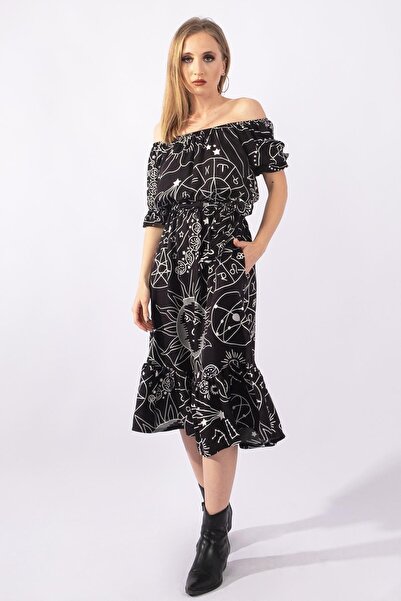 Bold & Young Rochie de damă Digital cu imprimeu cu guler elastic, cu mâneci elastice, cu centură, din viscoză țesută, cu buzunare, neagră