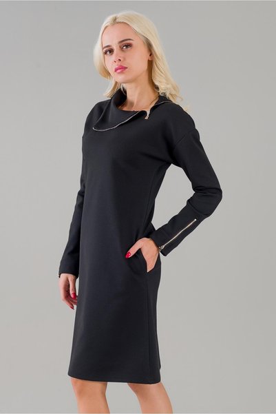 Bold & Young Rochie de buzunar cu mânecă lungă, cu guler șal, cu fermoar, de culoare neagră