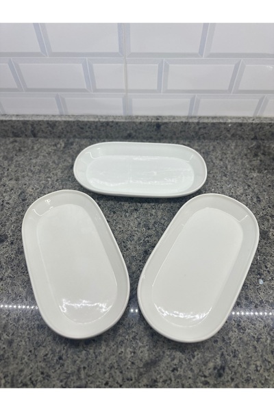 SERAMİK Okyanus Desenli Kayık Tabak Orta Sunum Salata Tabağı 3’lü