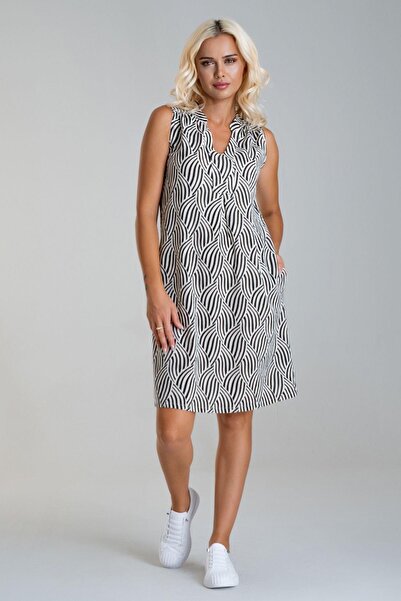 Bold & Young Γυναικείο φόρεμα από βαμβάκι με με τύπωμα και τσέπες σε λινό ύφασμα με μαύρο γεωμετρικό σχέδιο